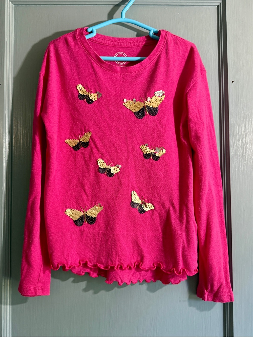 wonder nation Hot Pink Long Sleeve Top with Gold Sequin Butterflies